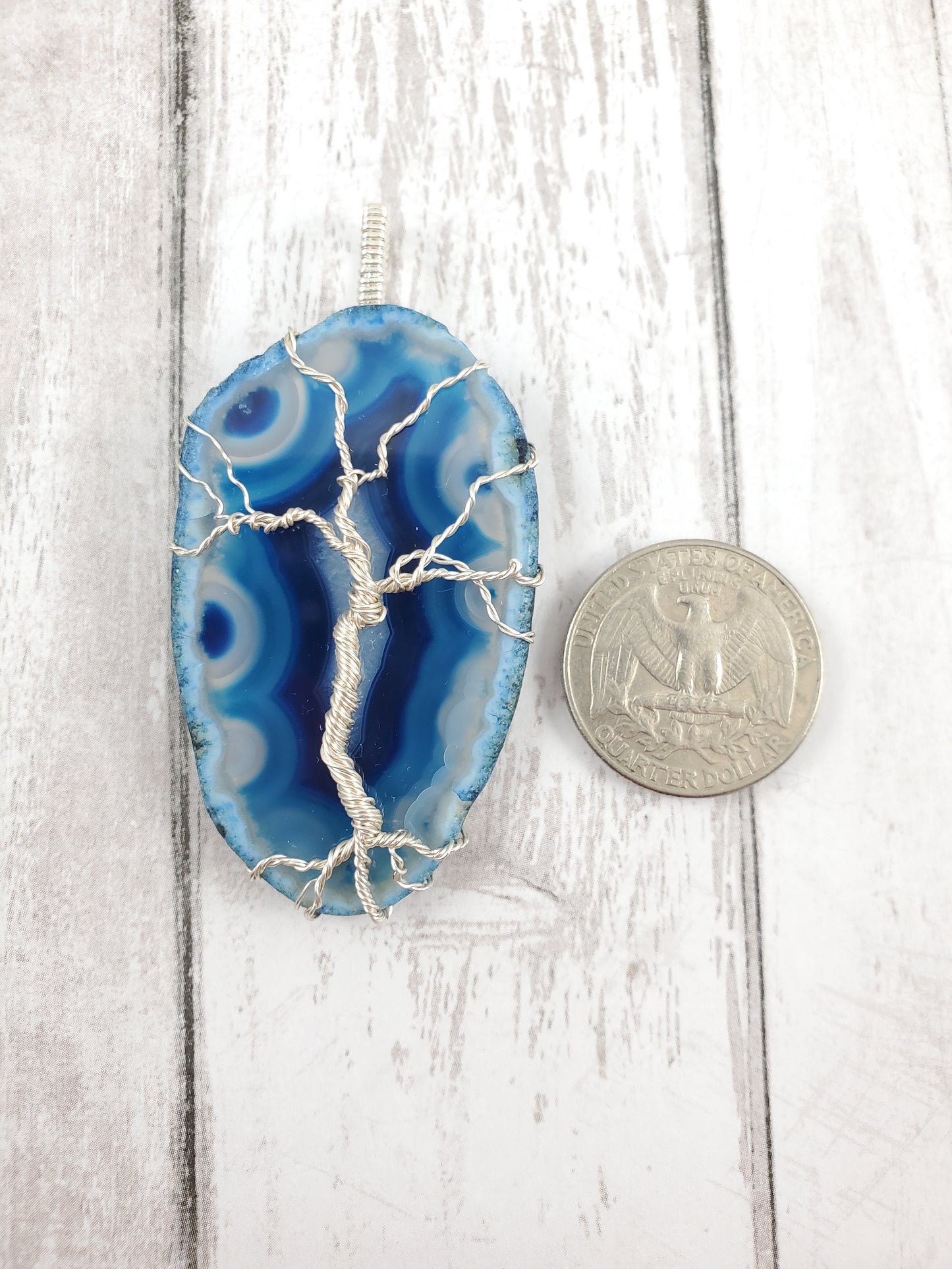 Blue Orbicular Agate Suncatcher with Wrapped Silver Tree of Life