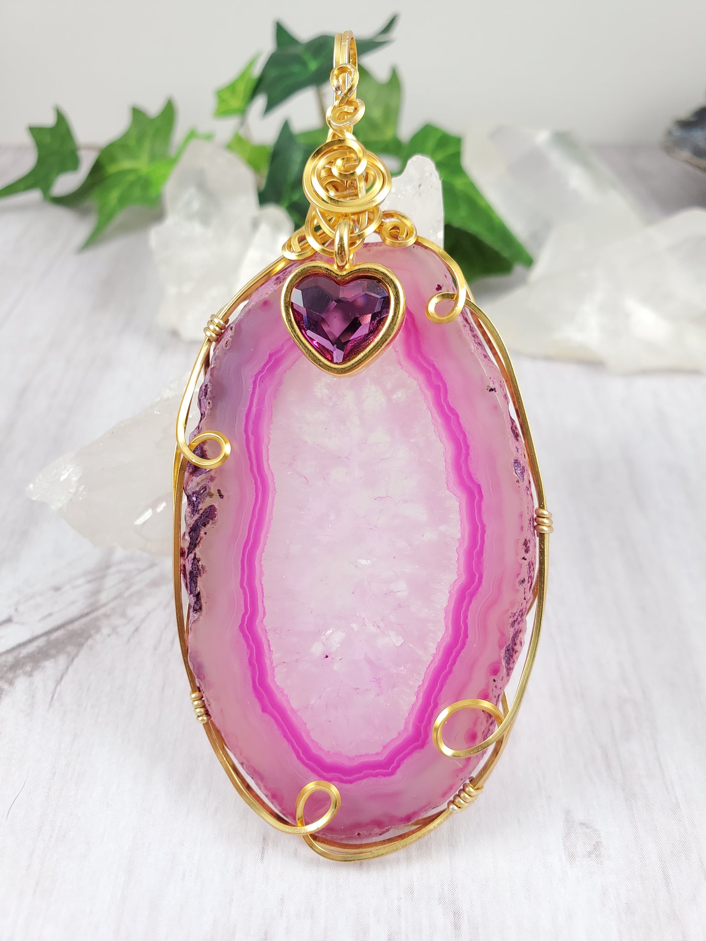 Pink Agate Suncatcher with Heart Crystal Wrapped in Gold Wire