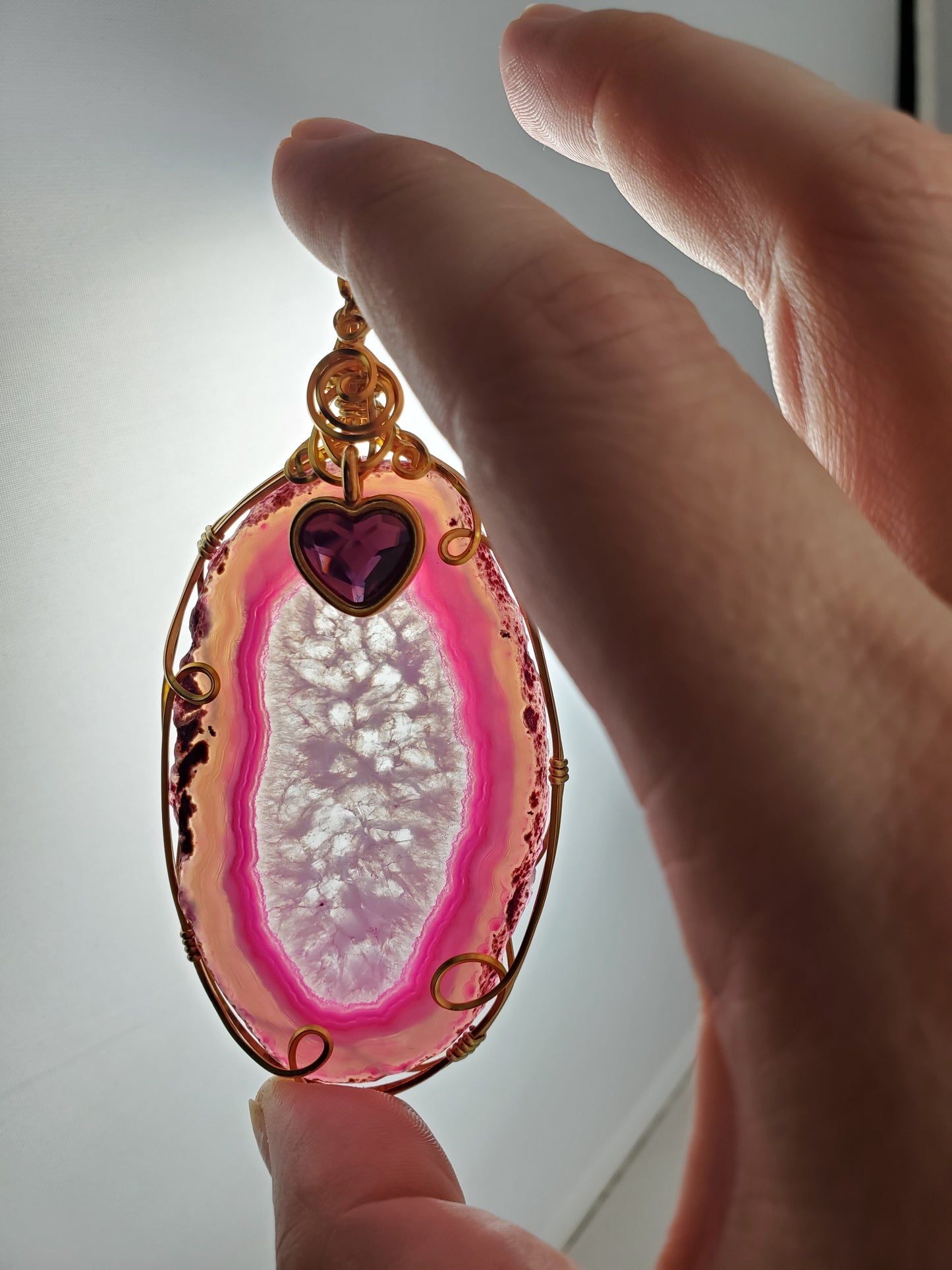 Pink Agate Suncatcher with Heart Crystal Wrapped in Gold Wire