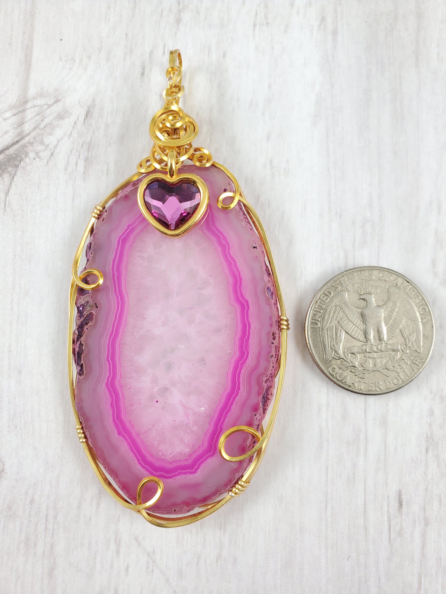 Pink Agate Suncatcher with Heart Crystal Wrapped in Gold Wire