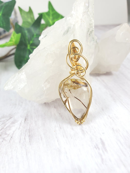 Dainty Gold Wrapped Rutilated Quartz Nugget Pendant