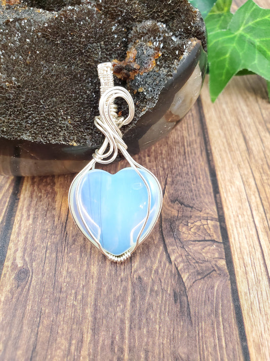 Opalite and Silver Wire Wrapped Heart Pendant