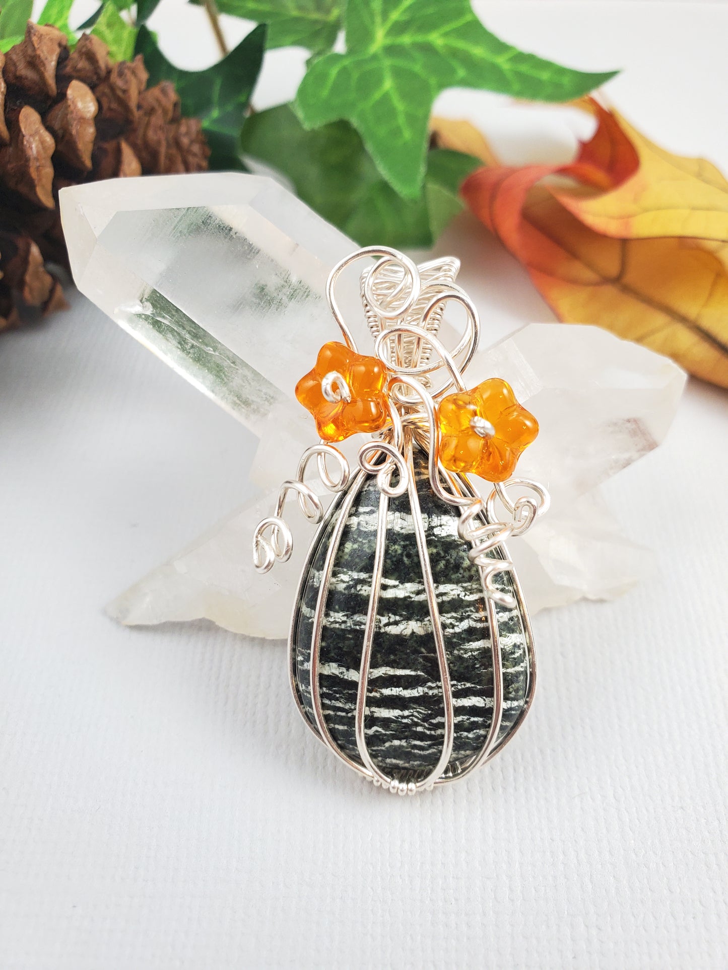 Green Striped Pumpkin Pendant with Orange Flowers