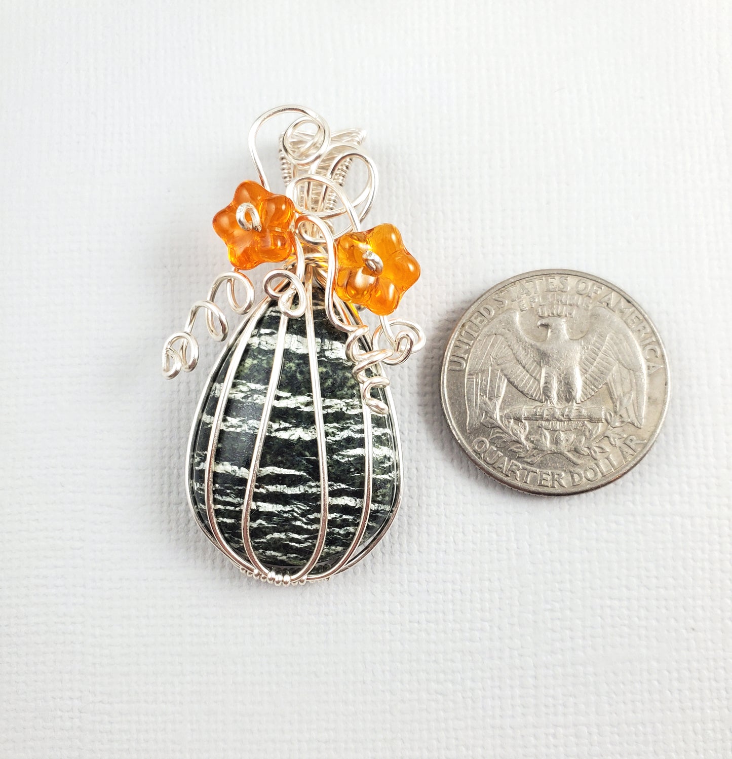 Green Striped Pumpkin Pendant with Orange Flowers