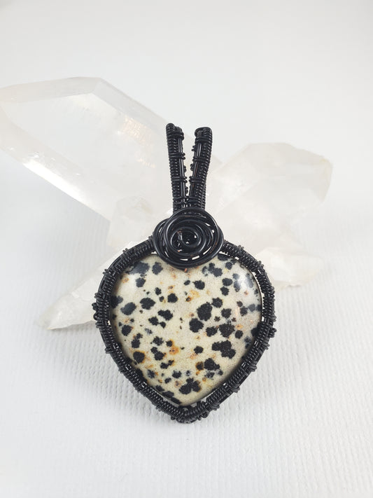 Dalmatian Jasper Heart Pendant with Wire Rose