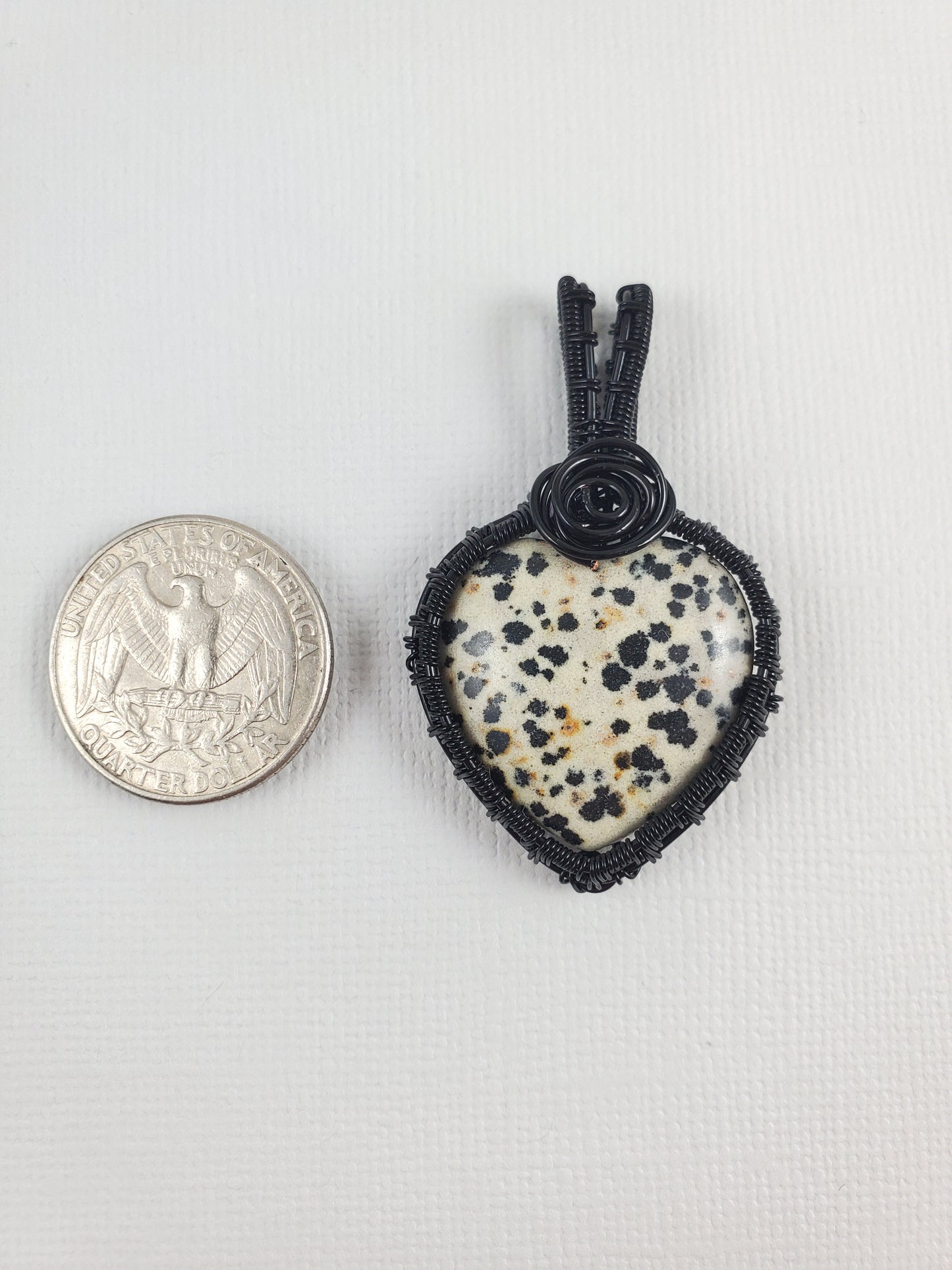 Dalmatian Jasper Heart Pendant with Wire Rose