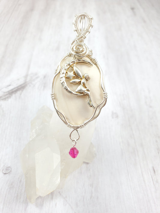 Fairy on Moon Silver Wrapped Pendant with Pink Dangle