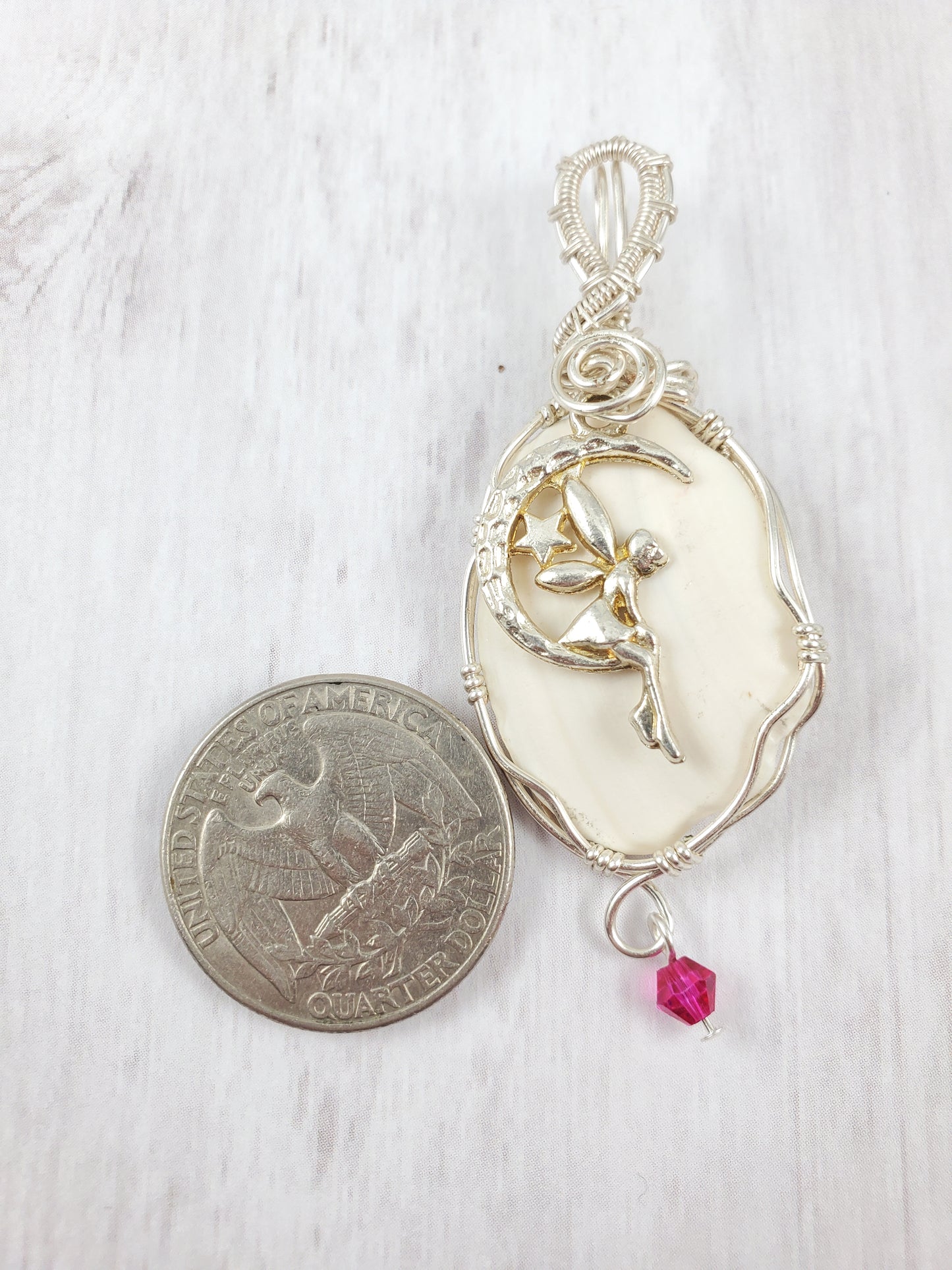 Fairy on Moon Silver Wrapped Pendant with Pink Dangle