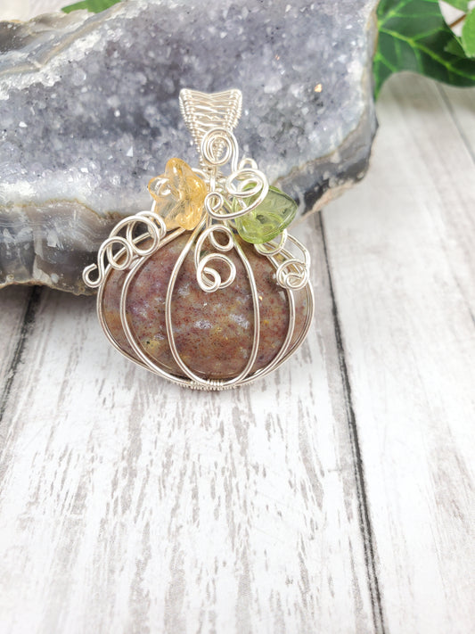 Mottled Jasper Pumpkin Pendant with Glass Flower and Leaf