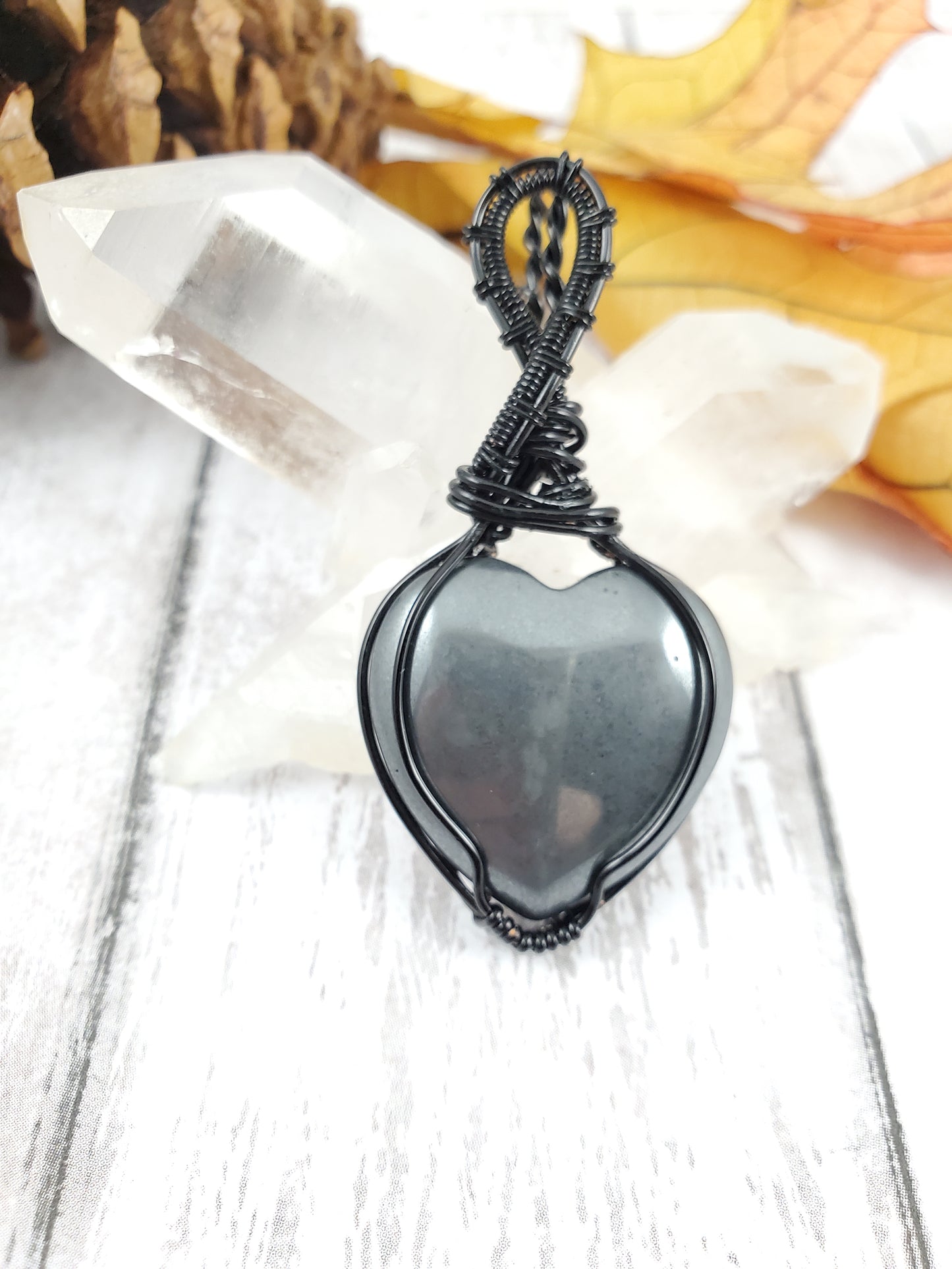 Black and Hematite Heart Wire Wrapped Pendant