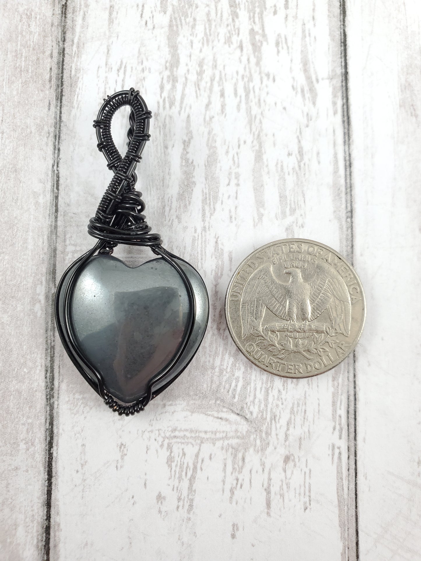 Black and Hematite Heart Wire Wrapped Pendant