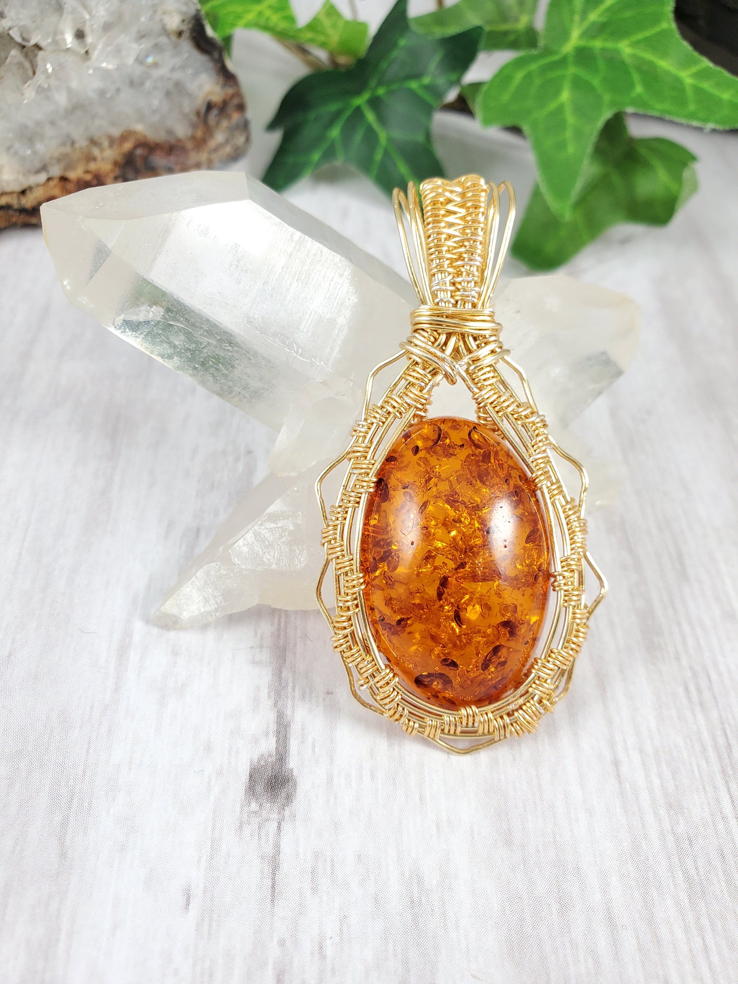 Sun-inspired Faux Amber and Gold Wire Wrapped Pendant