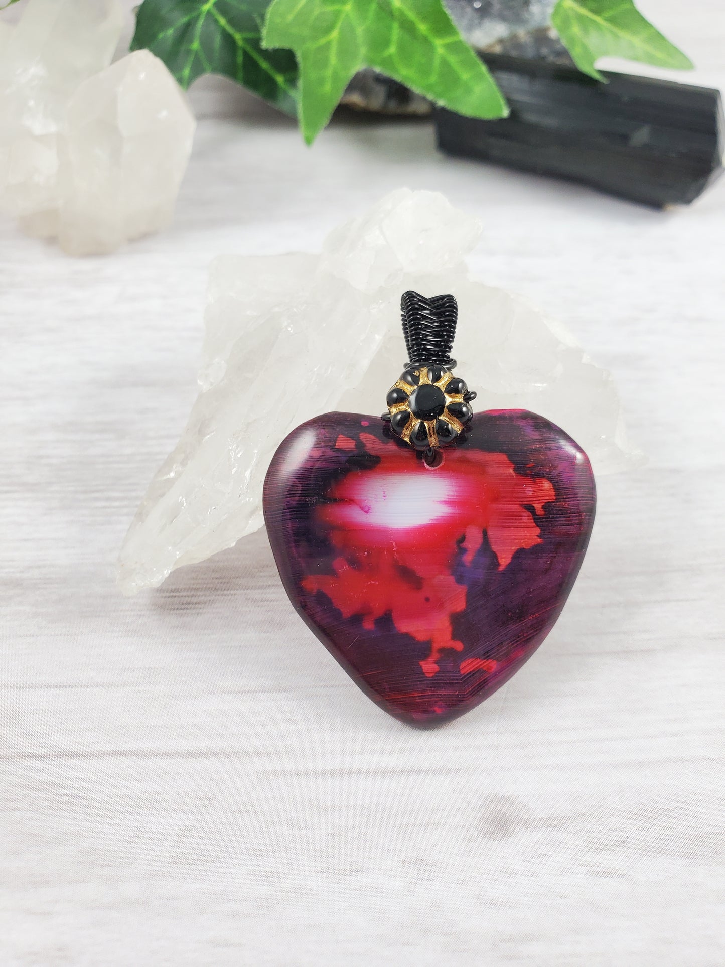 Goth Red Black and White Heart Wire Wrapped Pendant with Flower