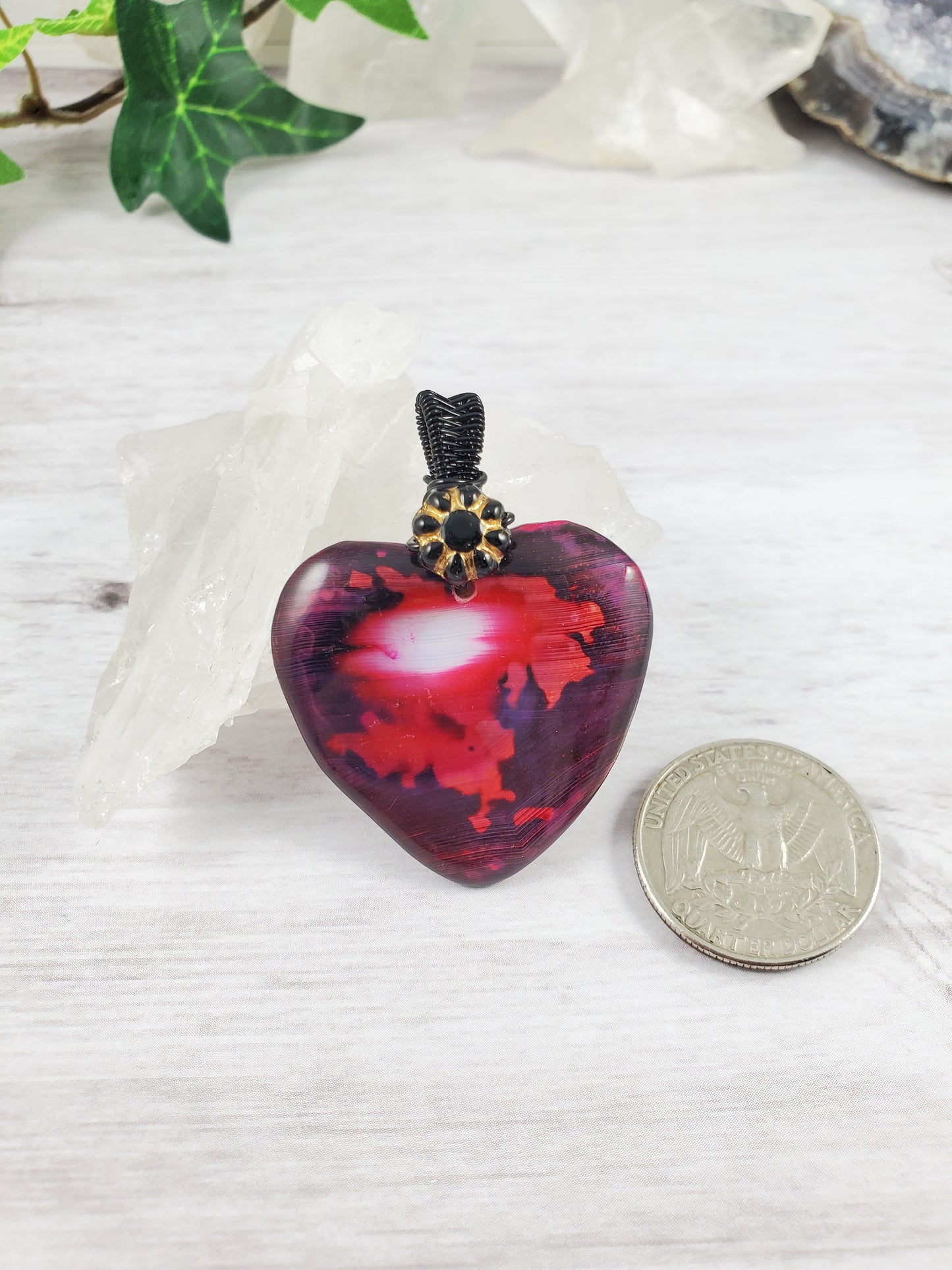 Goth Red Black and White Heart Wire Wrapped Pendant with Flower