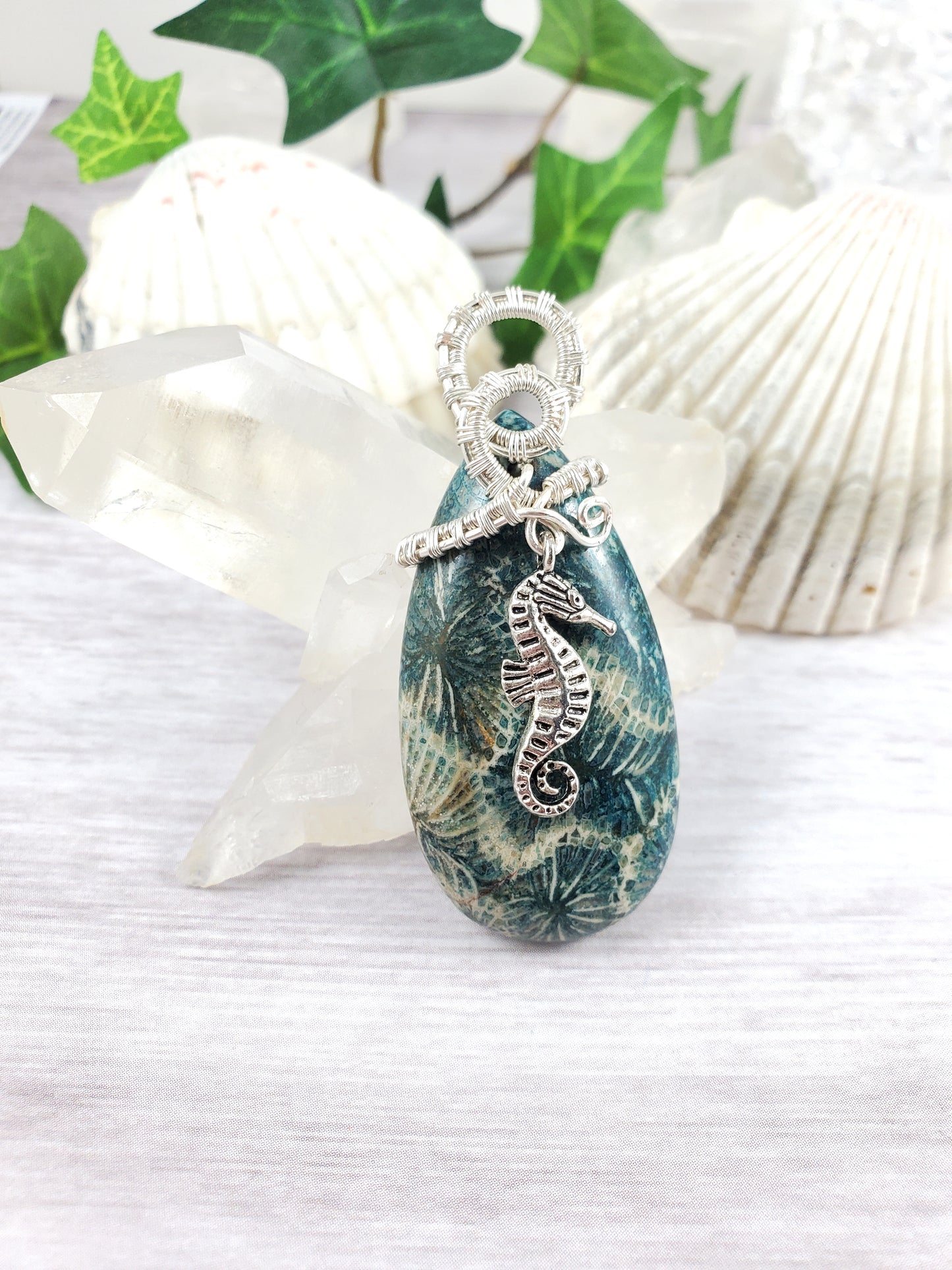 Silver and Green Fossil Coral Seahorse Pendant