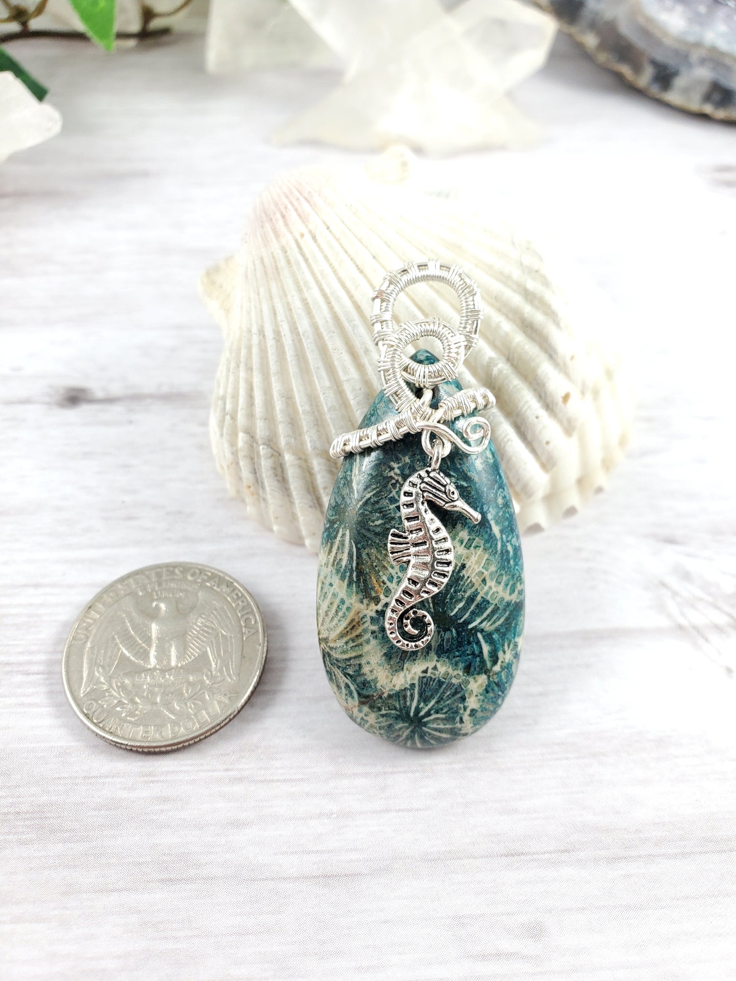 Silver and Green Fossil Coral Seahorse Pendant