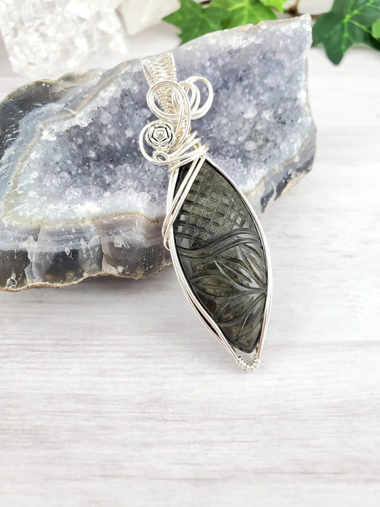 Fancy Marquise Silver Sheen Obsidian Carved Pendant in Silver
