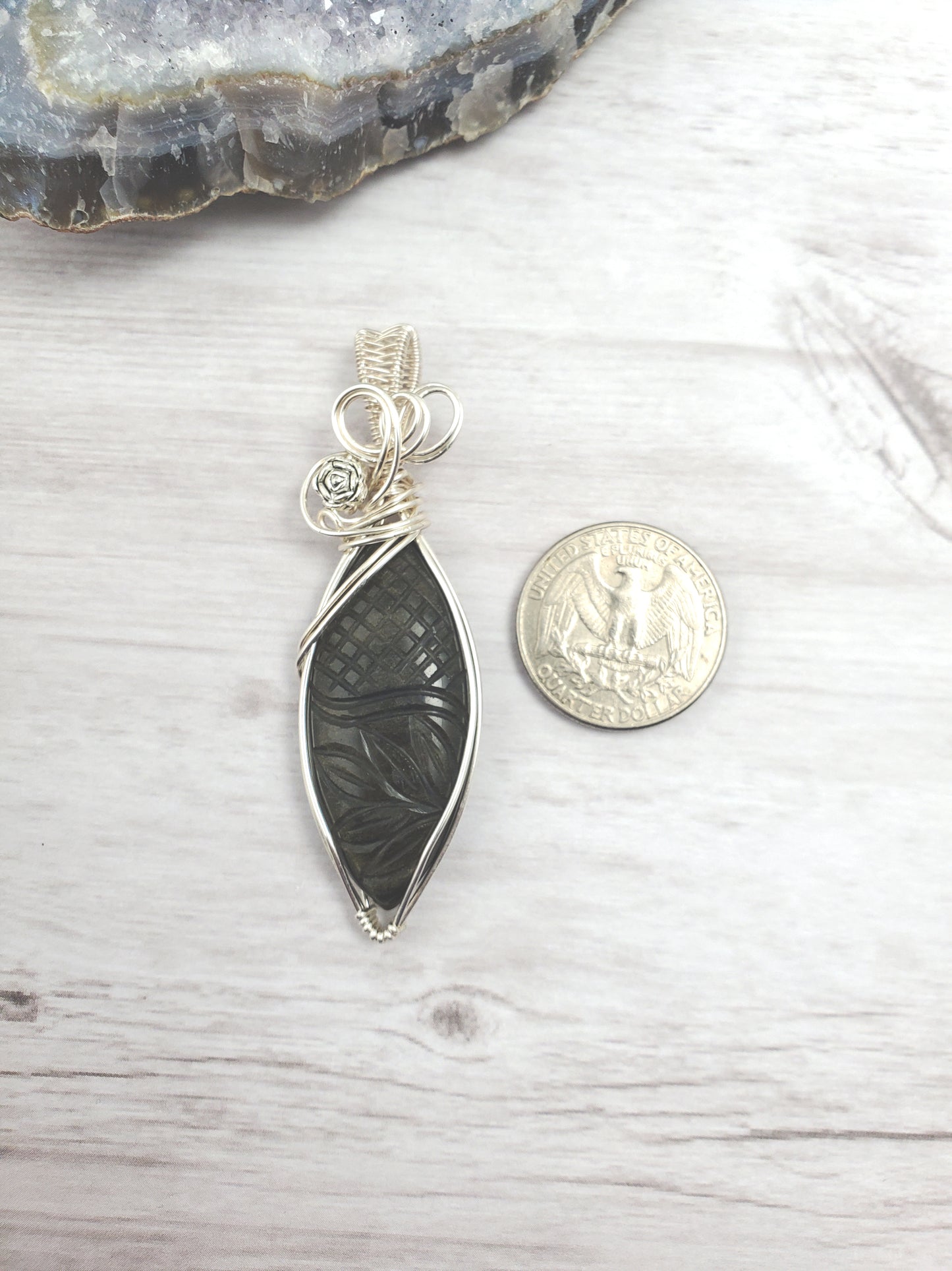Fancy Marquise Silver Sheen Obsidian Carved Pendant in Silver