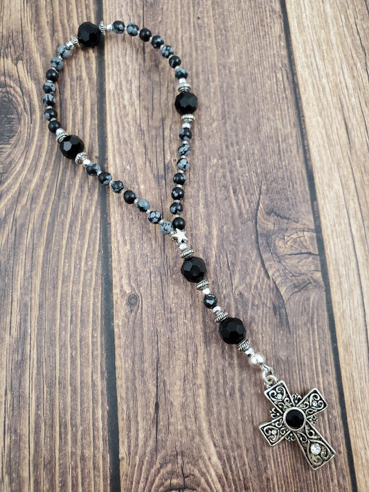 Black White and Silver Snowflake Obsidian Anglican Prayer Beads