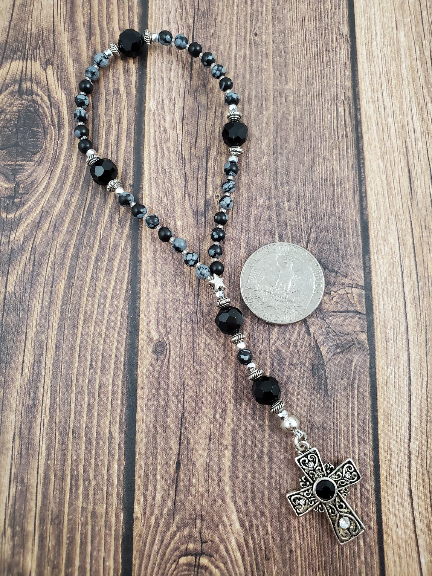 Black White and Silver Snowflake Obsidian Anglican Prayer Beads