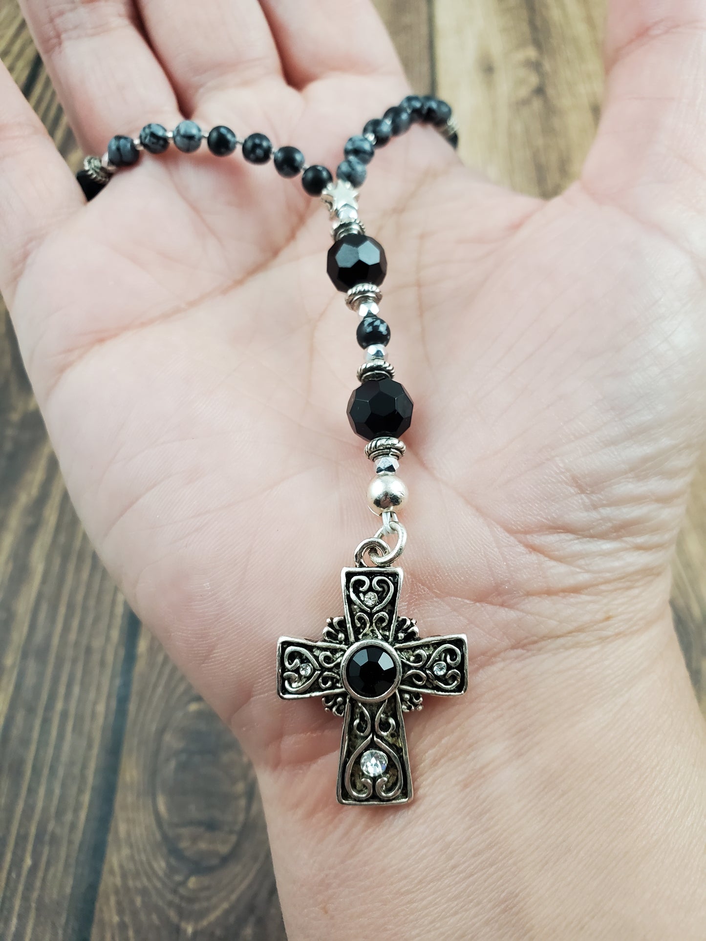 Black White and Silver Snowflake Obsidian Anglican Prayer Beads