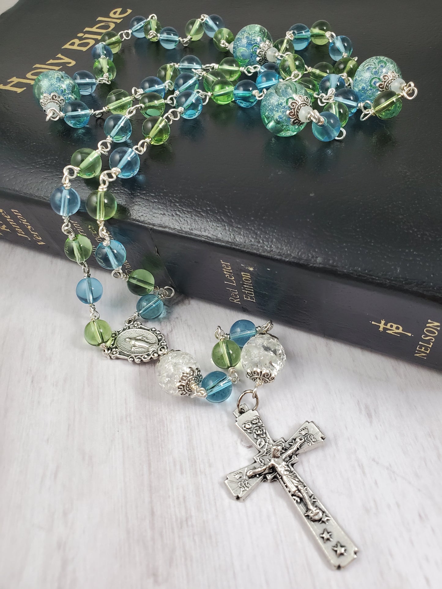 Beachy Blue Green and Silver Glass Rosary with Crackle and Bubble Lampwork Beads