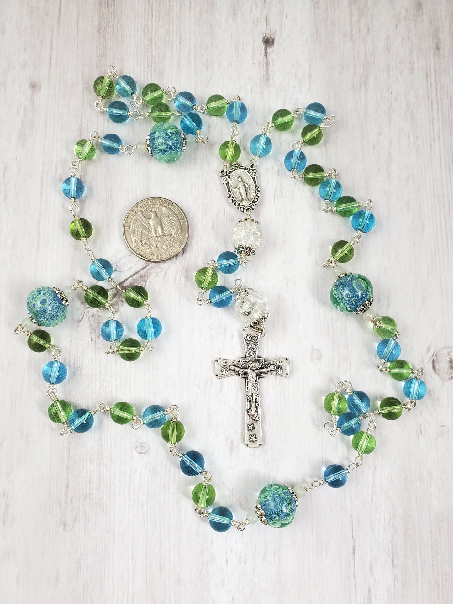 Beachy Blue Green and Silver Glass Rosary with Crackle and Bubble Lampwork Beads