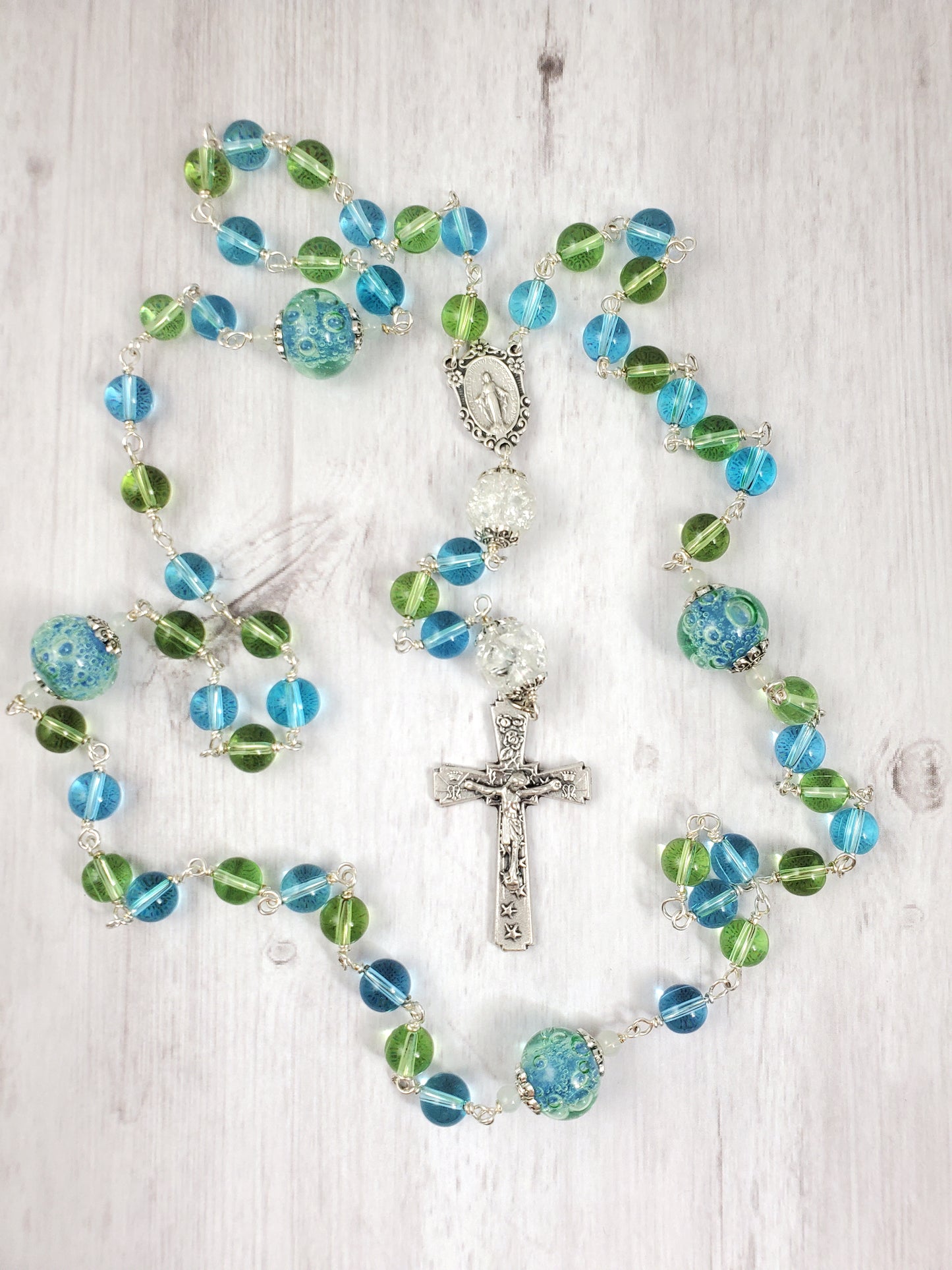 Beachy Blue Green and Silver Glass Rosary with Crackle and Bubble Lampwork Beads