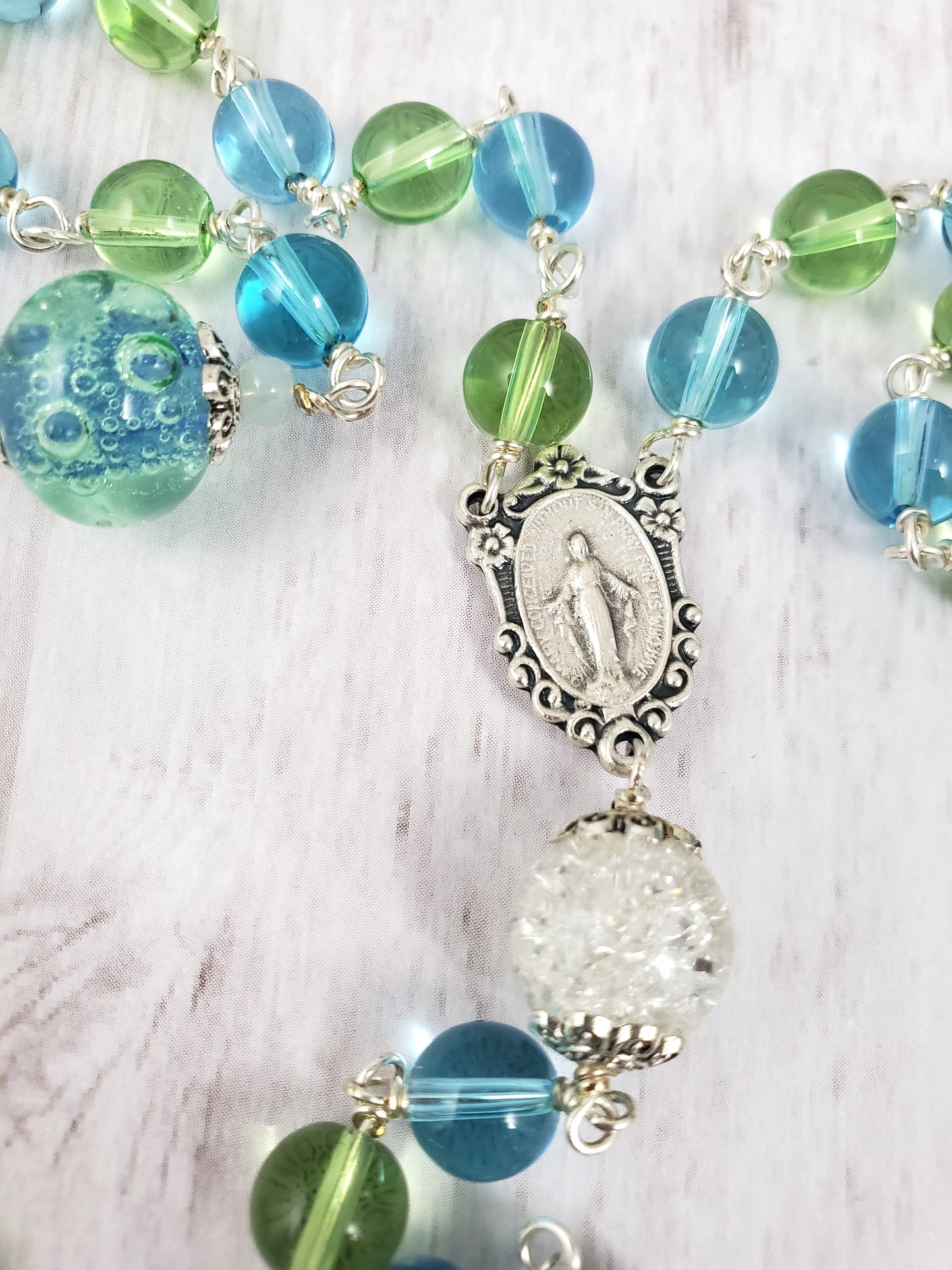 Beachy Blue Green and Silver Glass Rosary with Crackle and Bubble Lampwork Beads