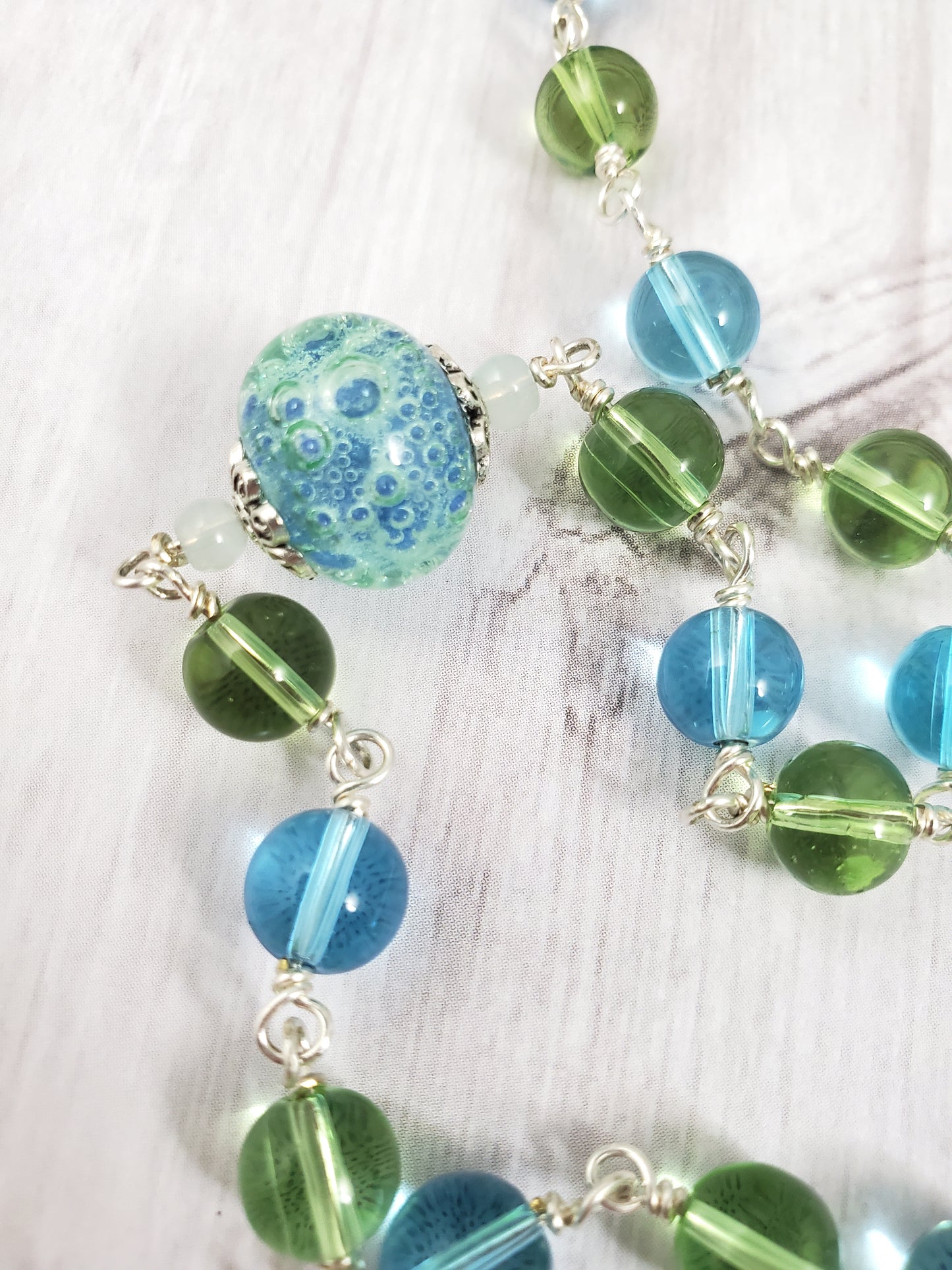 Beachy Blue Green and Silver Glass Rosary with Crackle and Bubble Lampwork Beads