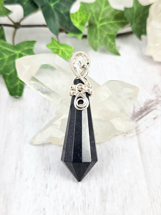 Beautiful Blue Goldstone Vogel-style Pendulum Pendant Wrapped in Silver