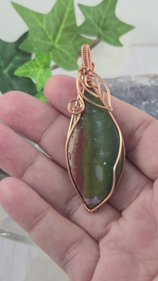 Double Sided Colorful Red and Green Jasper Leaf Pendant