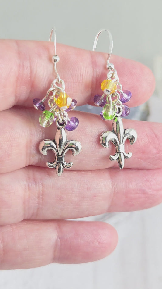 Fleur De Lis Mardi Gras Earrings with Purple, Green and Gold