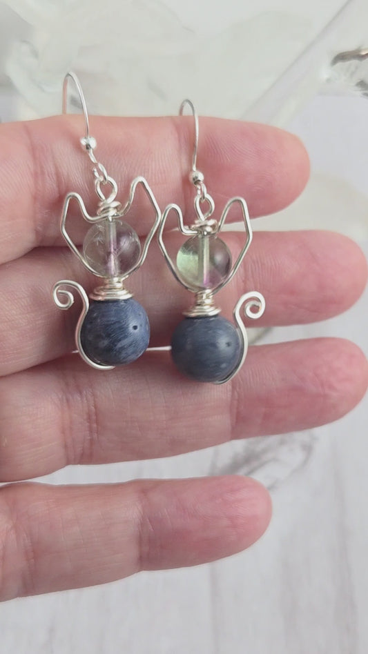 Fluorite and Blue Coral Sphynx Cat Earrings