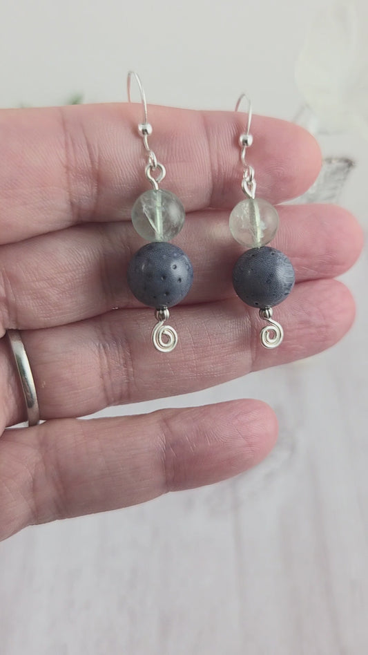 Blue Coral and Green Fluorite Bead Dangle Earrings