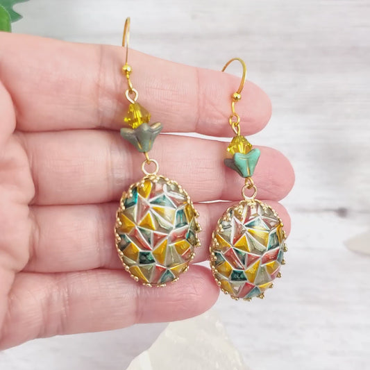 Colorful Mosaic Oval Dangle Earrings