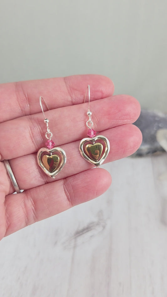 Hematite Heart in Silver Heart Frame Earrings with Pink Crystal Accent