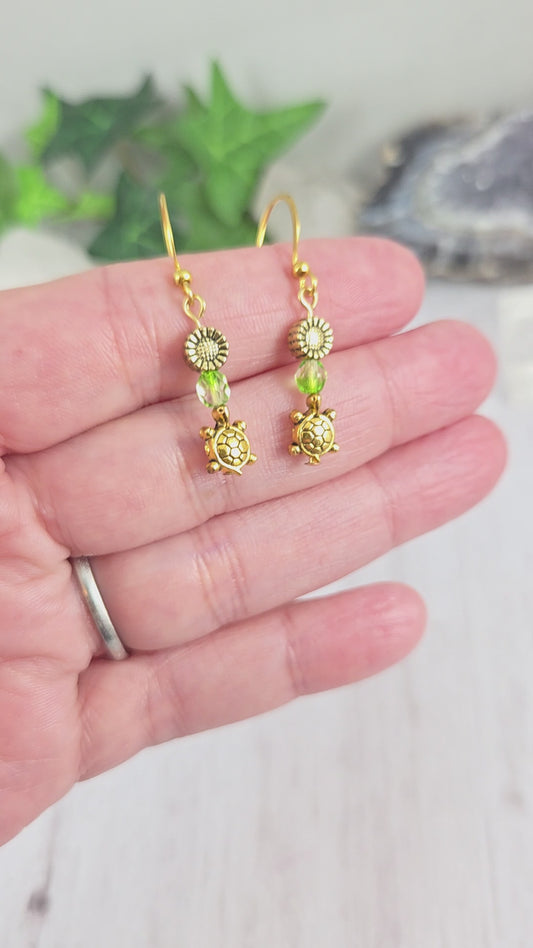 Adorable Gold Turtle and Sunflower Earrings