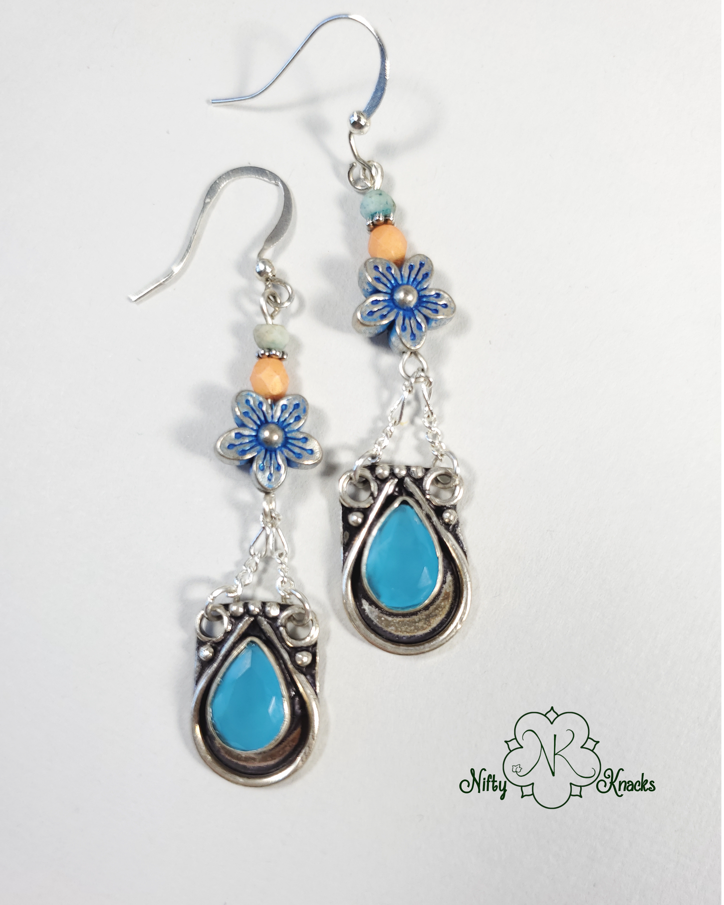 Silver Plated Boho Blue Chalcedony Statement Earrings
